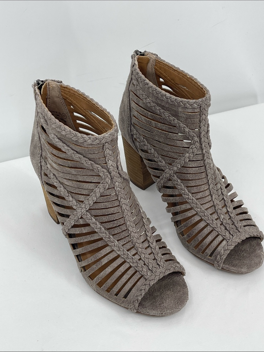 NOT RATED Woven Peep-Toe Block Heel Cutout Ankle Bootie - Taupe SIZE 6.5